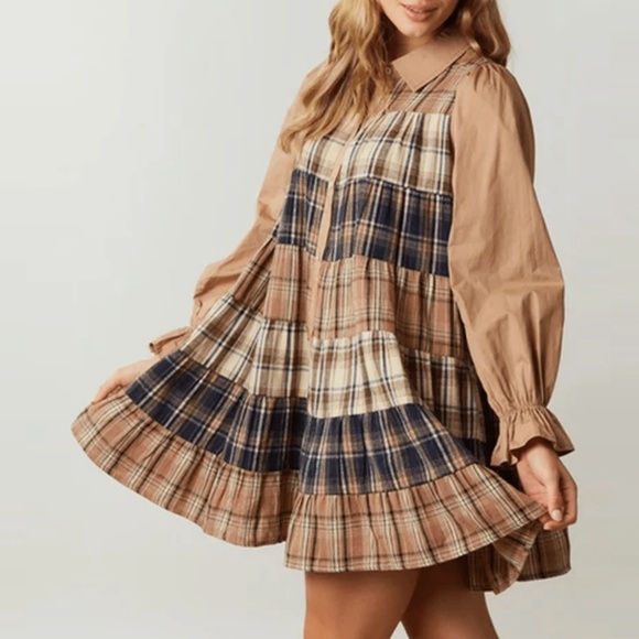 Cotton Plaid Print Button Down Loose Fit Long Sleeve Dress - Picture 4 of 5